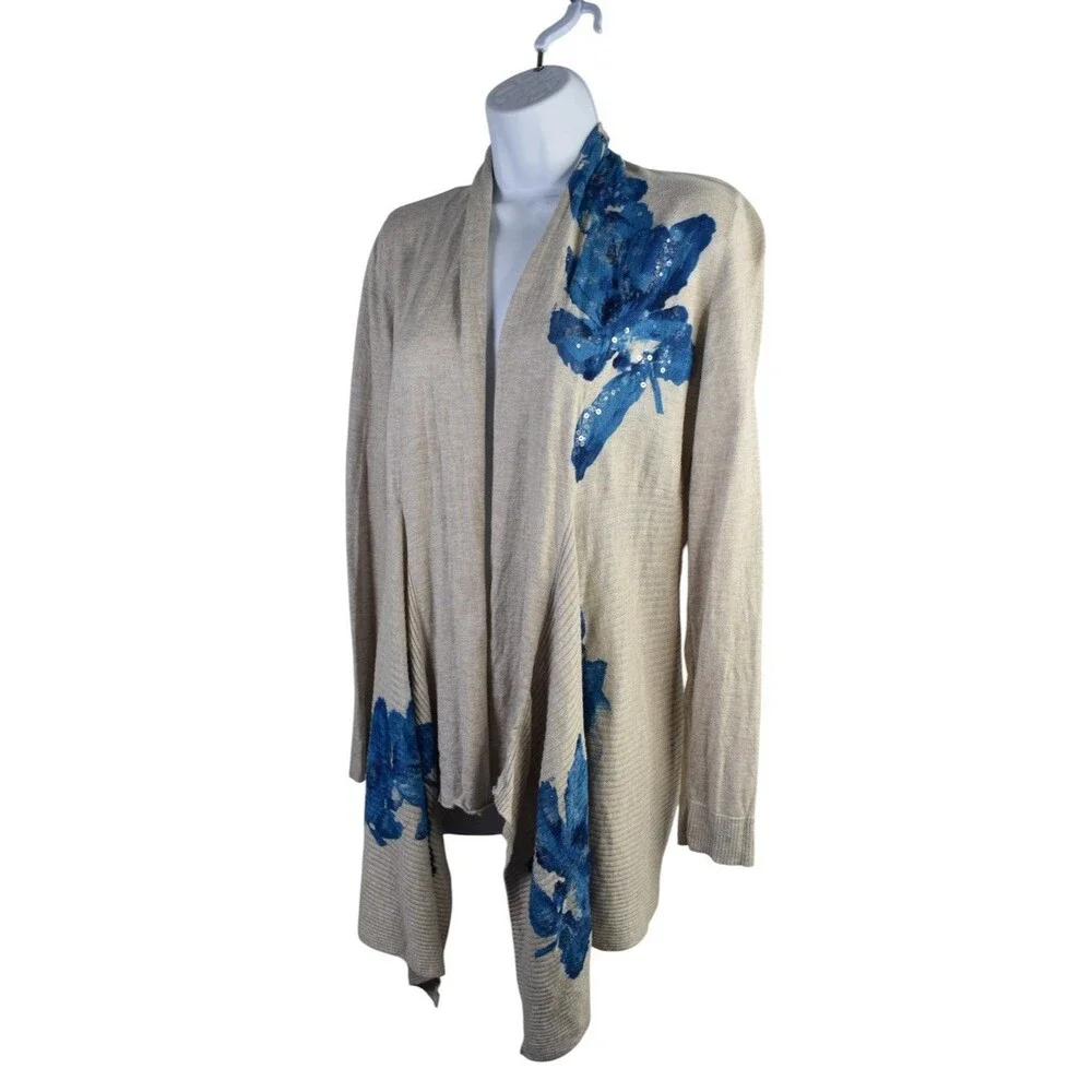 INC International Concepts Petite Cardigan M Gray Blue Floral Sequin Sweater